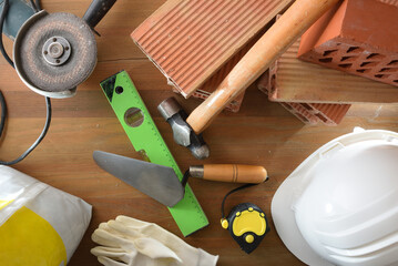 Overview of building materials on wooden plank
