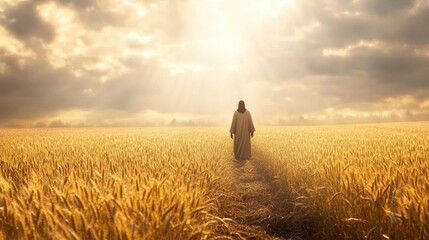  Jesus standing in a golden wheat field during autumn, serene and peaceful atmosphere