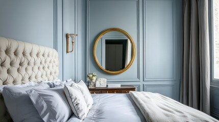 A Parisian chic bedroom with powder blue walls, a vintage gold mirror, and a luxurious tufted headboard
