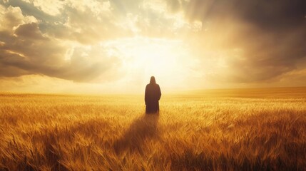  Jesus standing in a golden wheat field during autumn, serene and peaceful atmosphere