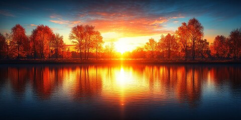 A vibrant autumn sunset casts a golden glow on the still waters of a lake, reflecting the fiery colors of the surrounding trees.