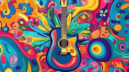 Music posters with hippie sign and guitar. Woodstock festival style. Cartoon psychedelic patterns. Retro music of the 60's and 70's.
