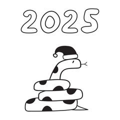 2025 new year. Cute snake wearing Santa's hat. Outline illustration on white background.
