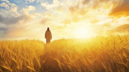  Jesus standing in a golden wheat field during autumn, serene and peaceful atmosphere