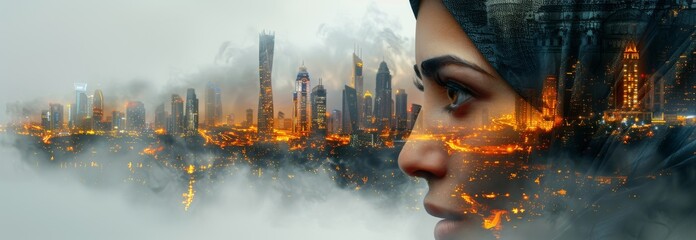 double exposure photography. arabic face in abaya shaped by buildings from Dubai,
