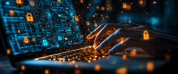 Cybersecurity Concept with Hands Typing on a Laptop Keyboard Surrounded by Digital Data and Security Icons, Representing Information Security, Online Protection, and Data Encryption