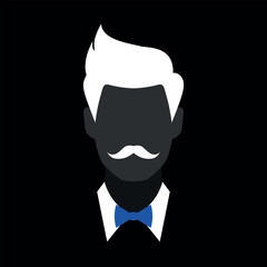Abstract faceless man with mustache silhouette in a bow tie. Dark male silhouette avatar emblem. Vector illustration