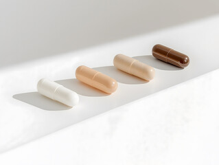 Close-Up of Colorful Vitamins and Supplements in Minimalist Containers on Neutral Background