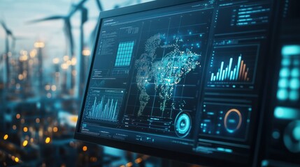 Obraz premium Renewable energy data analysis on digital monitor at solar and wind power plant. Sustainable development and green technology concept. Digitalization of the energy sector with copy space.