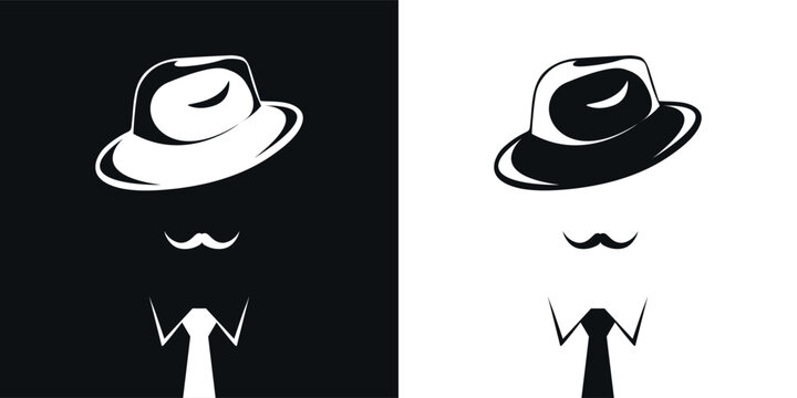 Abstract silhouettes of mafia man, gangster, detective or gentleman. Man with mustache in hat and tie. Vector illustration