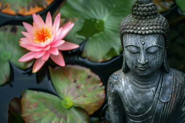 Obraz premium Beautiful greeting card with ancient statue great Buddha to bright holiday composition