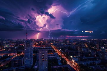 Fototapeta premium Generative ai on theme of scary bright electric lightning bolt with branches in the night dark sky