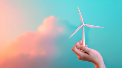 Hand Holding Small Wind Turbine Against Soft Pink and Blue Gradient Background