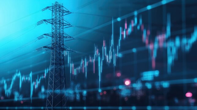 stock market graph with electric pole with blue black energy business