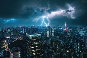 Obraz premium Generative ai on theme of scary bright electric lightning bolt with branches in the night dark sky
