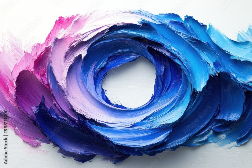 Wall mural Abstract swirling blue and pink paint stroke on a white background with a white circle in the middle.