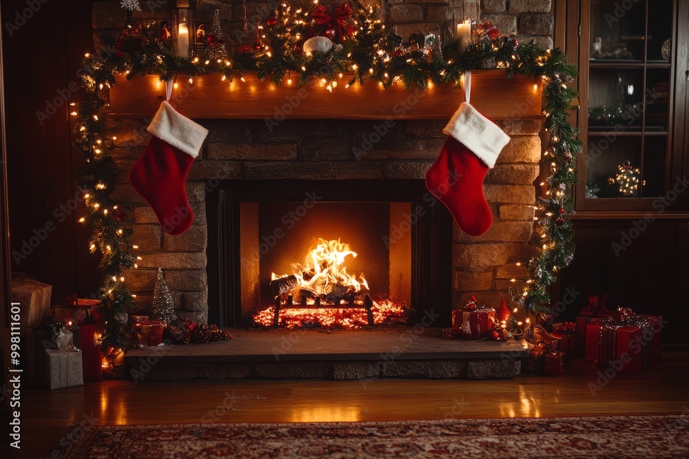 Canvas Prints Cozy Christmas fireplace with stockings, garland, and presents.