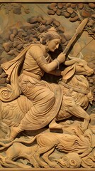 Intricately Carved Wooden Panel Depicting Indian Hindu Mythological Scene - Durga Fighting the Buffallo