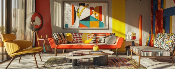 A post-modern living room with angular furniture, bold graphic art, and vibrant color contrasts