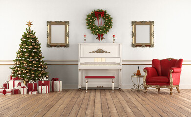 Elegant white room decorated for Christmas with tree and piano
