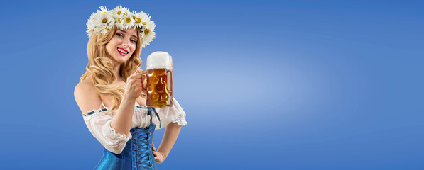 Midsummer woman waitress serving big beer mugs on isolated blue background. Blonde girl with wreath daisies flowers in her hair celebrating traditional beer festival in summer or spring