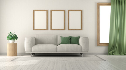 Modern living room with white sofa, green curtains and empty frames hanging on the wall