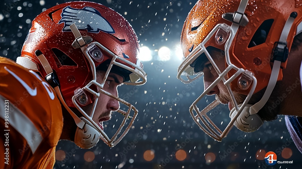 Poster intense helmet to helmet collision between two opposing football players on the field captured with 