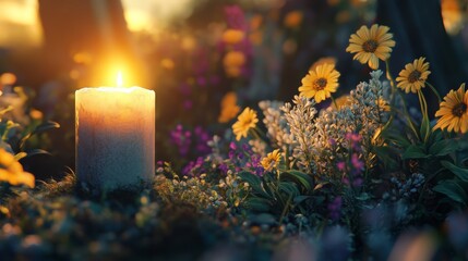 Photorealistic Funeral Scene with Burning Candle Flower Arrangements in Dim Light