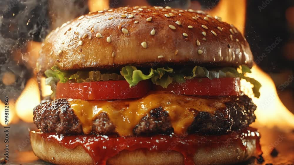 Poster a hamburger with a slice of tomato and cheese on top. the bun is toasted and has a lot of sesame see