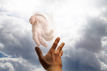 Lending Helping Hand is associated with the Savior Jesus Christ. Сlose-up of Biblical scene,...