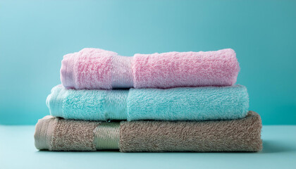 Stack of towels against pastel blue background. Home laundry. Housekeeping concept.