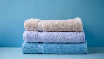 Stack of towels against pastel blue background. Home laundry. Housekeeping concept.