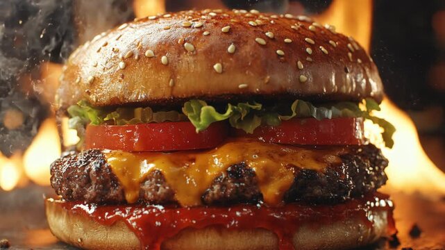 A hamburger with a slice of tomato and cheese on top. The bun is toasted and has a lot of sesame seeds on it. The burger is sitting on a table with a fire in the background