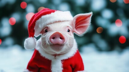 Cute Funny Pig with Santa Hat Christmas Lights Background
