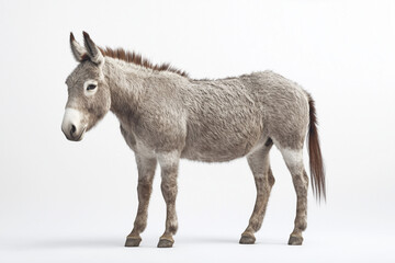 Fototapeta premium Donkey in Profile with Shaggy Coat A solitary donkey standing calmly, its shaggy fur visible in a side profile