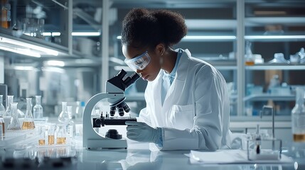 A young scientist is conducting a scientific experiment in a modern laboratory setting  They are using a microscope and various types of glassware such as flasks beakers
