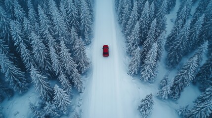 Winter Drive through Snow-Covered Trees in Rural Area | Aerial View of Red Car on Cold Winter Road with DJI Mavic Air 2