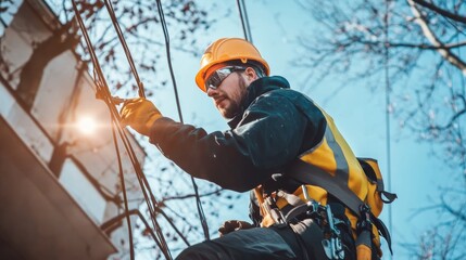 An electrician in protective gear works on power lines during sunset, showcasing the dangerous and skilled nature of electrical maintenance work