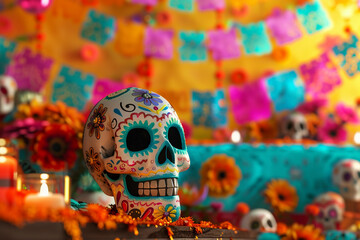 Fototapeta premium Beautiful greeting card with bright holiday composition for happy to joy celebrate dia de muertos