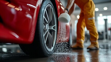 Powerful red sports car undergoing routine maintenance and service in a well equipped automotive garage with reflections on the shiny wet floor and a mechanic in the background