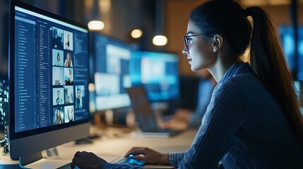 Serious young woman software engineer or IT professional working intensely on computer screen late at night in dimly lit office environment concentrating on complex programming or data analysis tasks