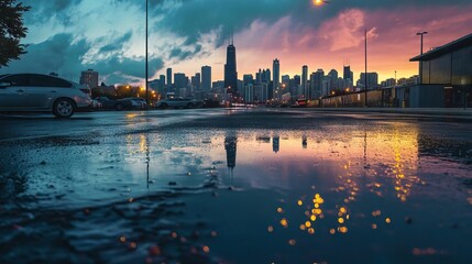 road to the car dealership at dusk, camera located below the horizont line, background city with...