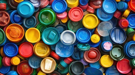 a pile of colorful plastic bottle caps and bottles