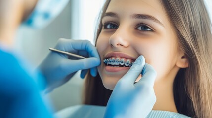 Close up of a young patient receiving an orthodontic examination, with a dentist's gloved hands adjusting braces, showcasing modern dental care for adolescents