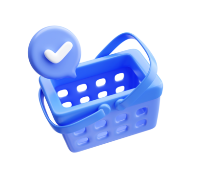 Blue Shopping cart Empty shopping basket with Checkmark  3D illustration background