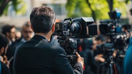 A professional cameraman captures a public relations event, focusing on key speakers during a press conference