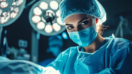 Close up of a determined female surgeon in blue scrubs and mask, preparing for surgery under bright operating room lights, showcasing medical expertise