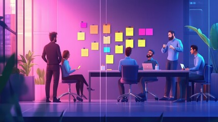 A team in a scrum meeting uses Post-it notes on a wall during discussions. illustration images