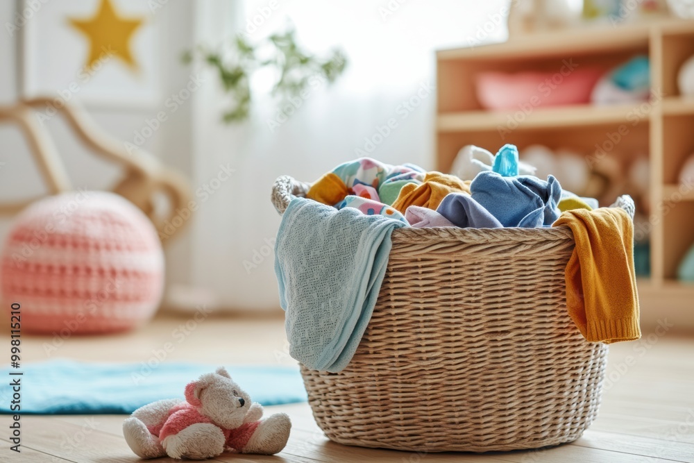 Aufkleber a laundry basket overflows with vibrant children's clothing and soft toys in a sunlit room, creating