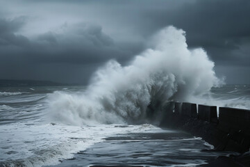 Fototapeta premium Generative ai on theme of a scary tsunami with huge foamy wave, apocalyptic dramatic background